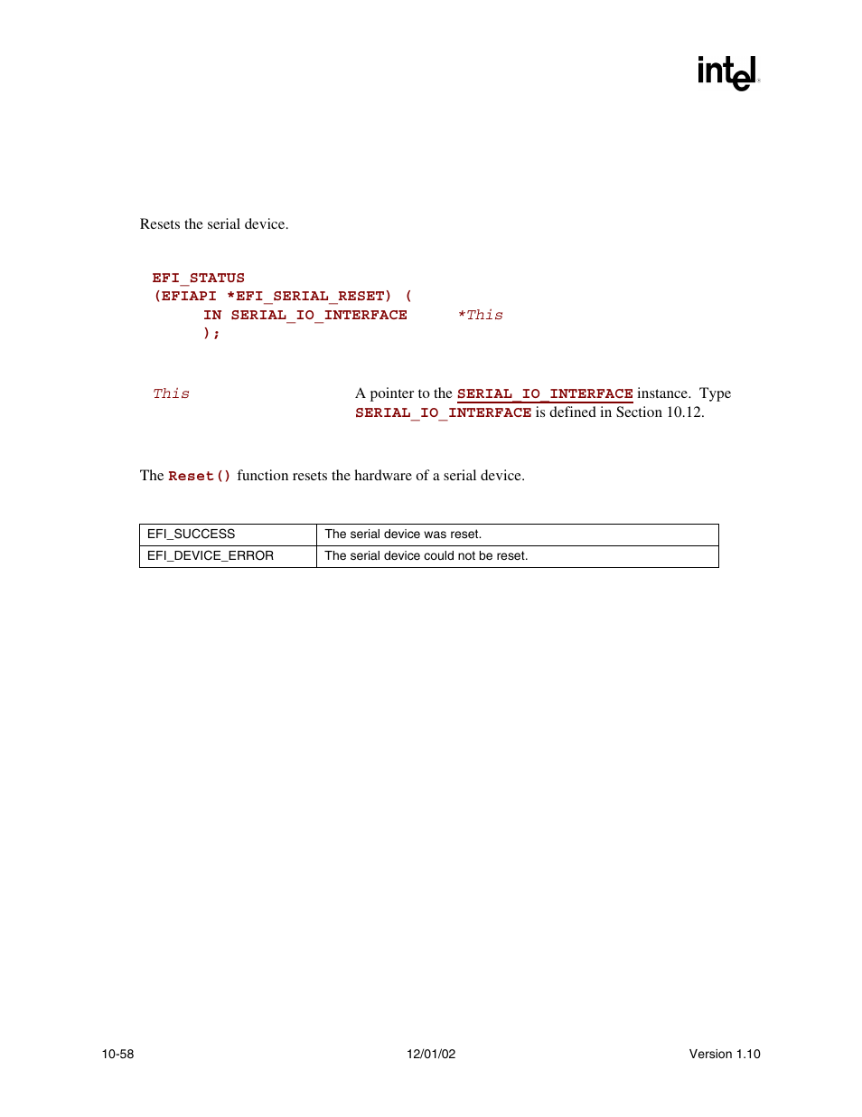 Serial_io.reset() | Intel Extensible Firmware Interface User Manual | Page 352 / 1084