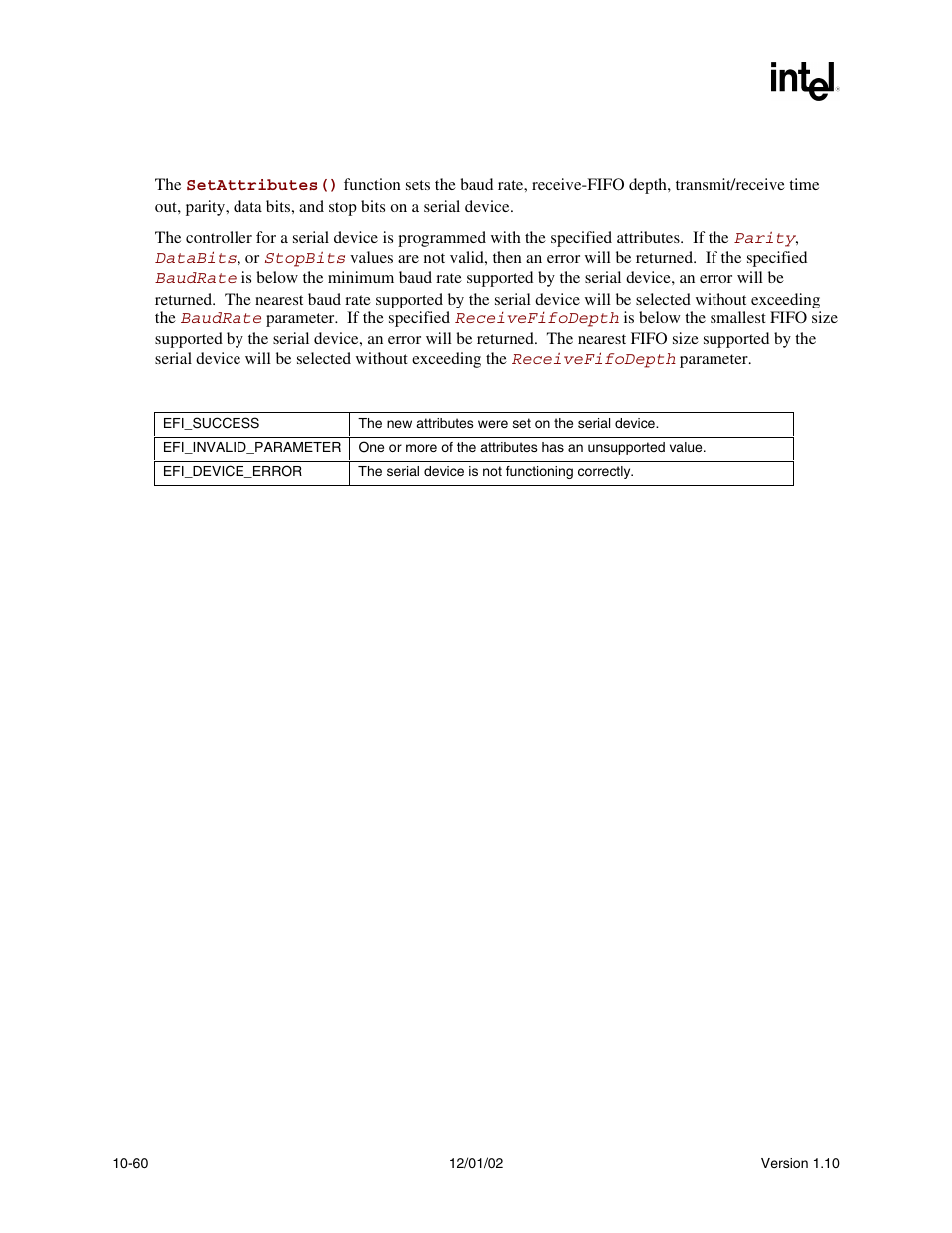 Description, Status codes returned | Intel Extensible Firmware Interface User Manual | Page 354 / 1084