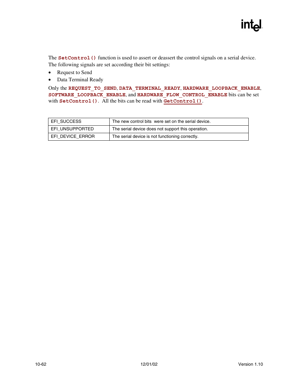 Description, Status codes returned | Intel Extensible Firmware Interface User Manual | Page 356 / 1084