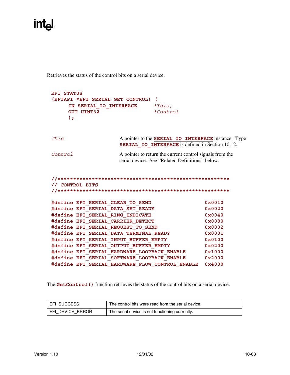 Serial_io.getcontrol(), Getcontrol() | Intel Extensible Firmware Interface User Manual | Page 357 / 1084