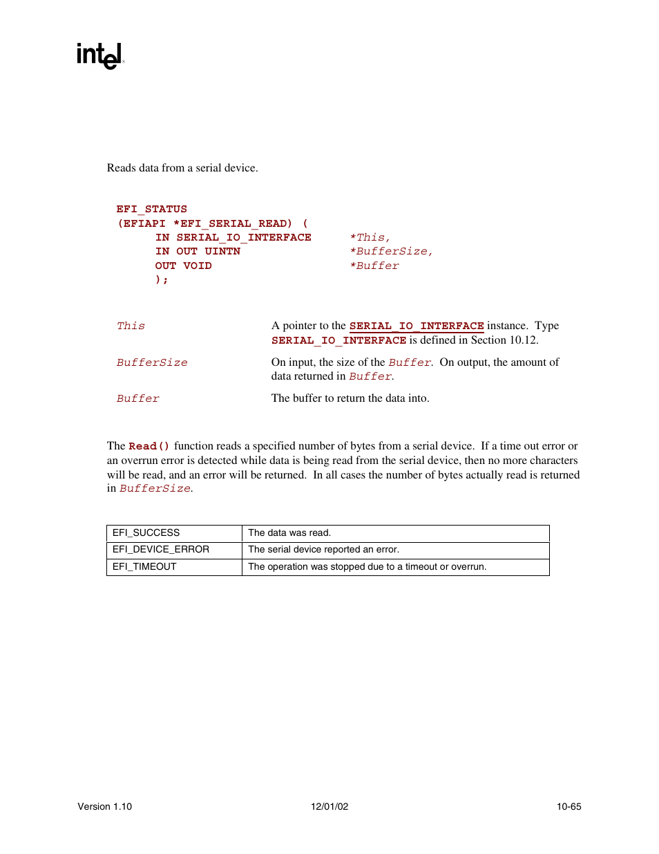 Serial_io.read() | Intel Extensible Firmware Interface User Manual | Page 359 / 1084