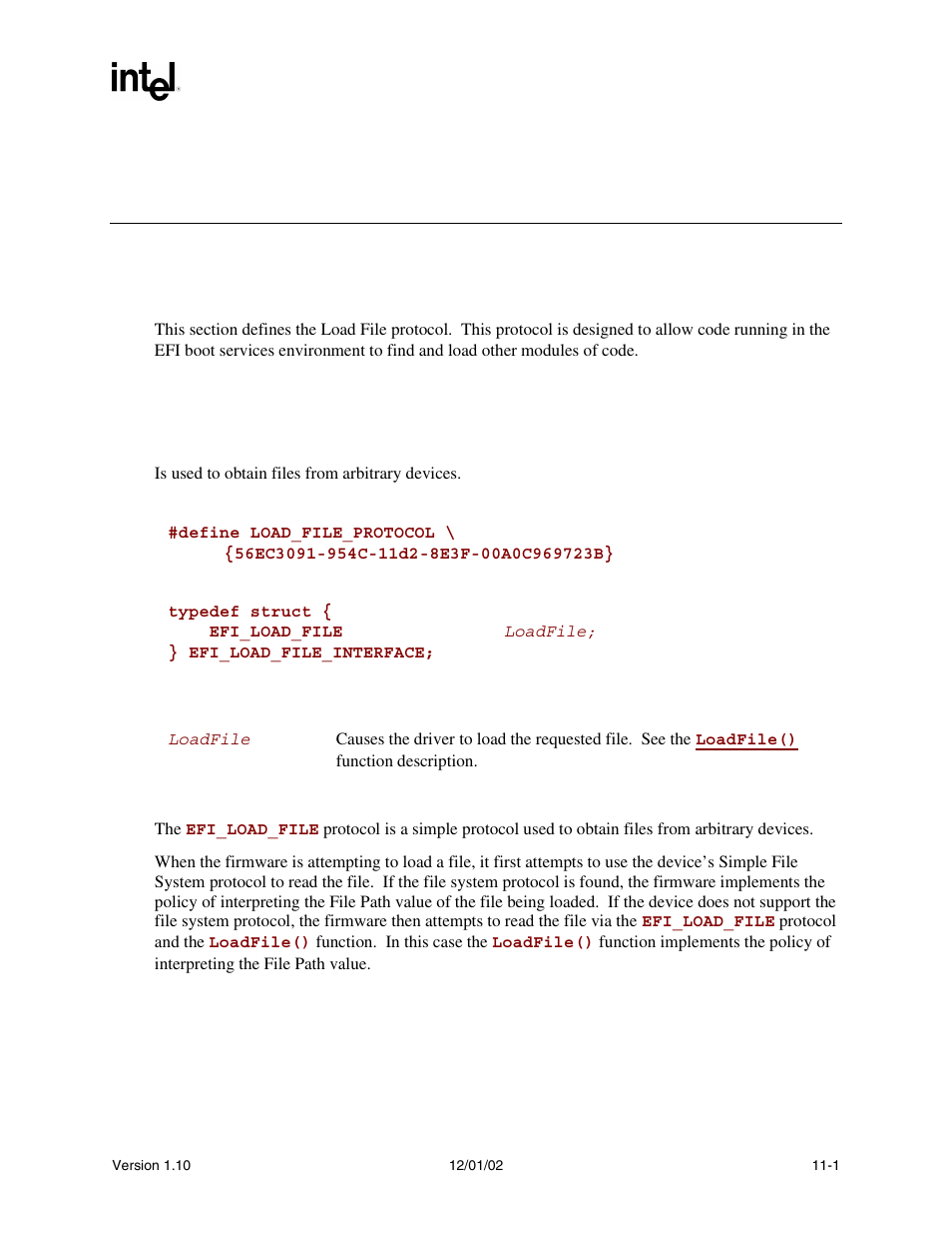 11 protocols - bootable image support, 1 load_file protocol, Load_file protocol | Load file protocol, Load_file_protocol, For the ta, Load_file | Intel Extensible Firmware Interface User Manual | Page 361 / 1084