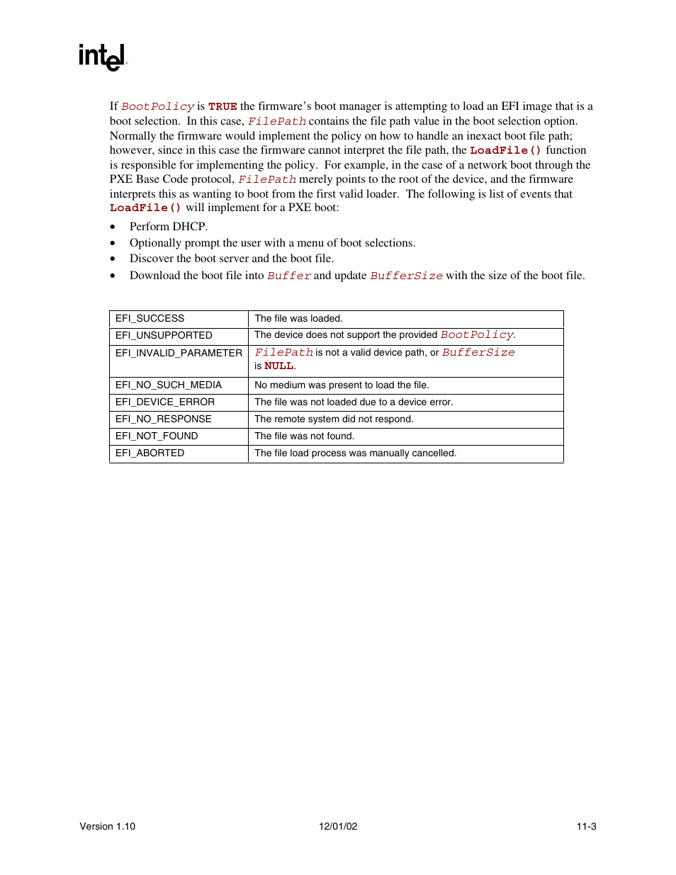 Status codes returned | Intel Extensible Firmware Interface User Manual | Page 363 / 1084