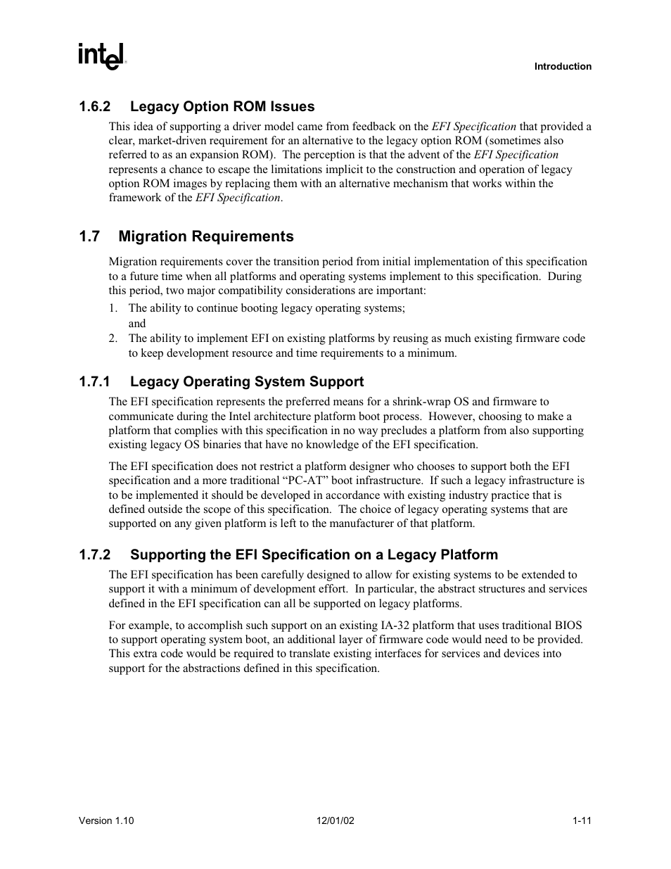2 legacy option rom issues, 7 migration requirements, 1 legacy operating system support | Intel Extensible Firmware Interface User Manual | Page 37 / 1084