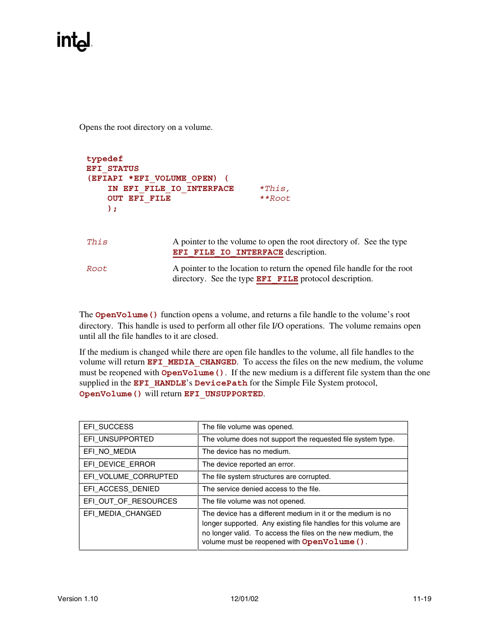 Efi_file_io_interface.openvolume(), Efi_file_io_interface.openvolume() summary, Prototype | Parameters, Description, Status codes returned | Intel Extensible Firmware Interface User Manual | Page 379 / 1084