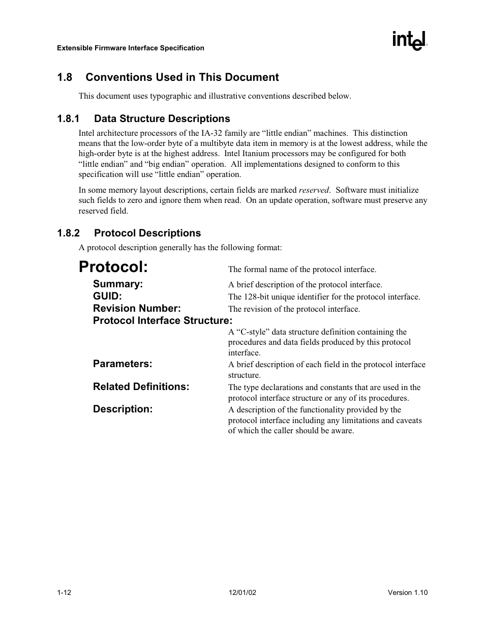 8 conventions used in this document, 1 data structure descriptions, 2 protocol descriptions | Protocol | Intel Extensible Firmware Interface User Manual | Page 38 / 1084