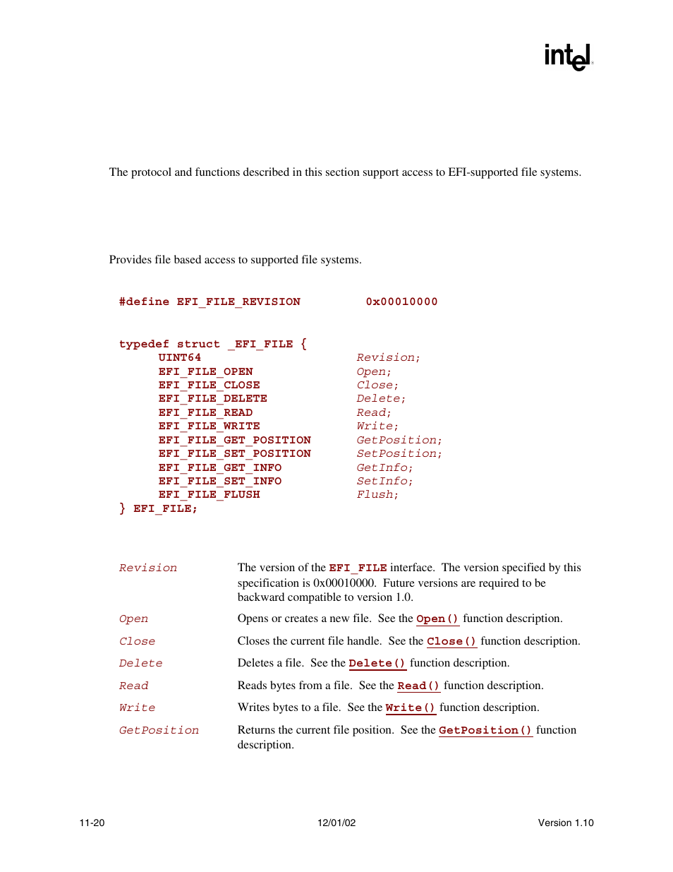 4 efi_file protocol, Efi_file protocol, File_handle | Type, Efi_file, Proto | Intel Extensible Firmware Interface User Manual | Page 380 / 1084