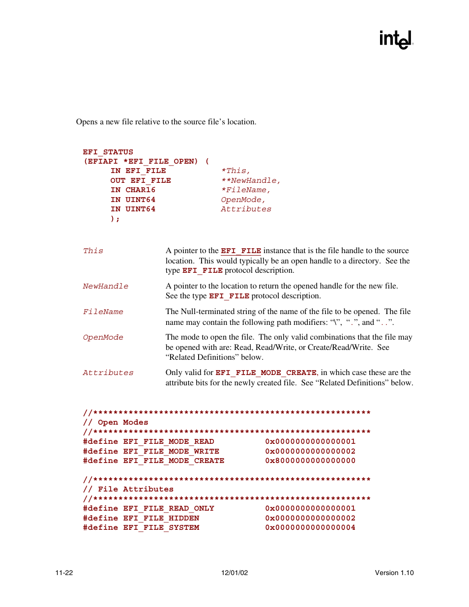 Efi_file.open(), Open() | Intel Extensible Firmware Interface User Manual | Page 382 / 1084