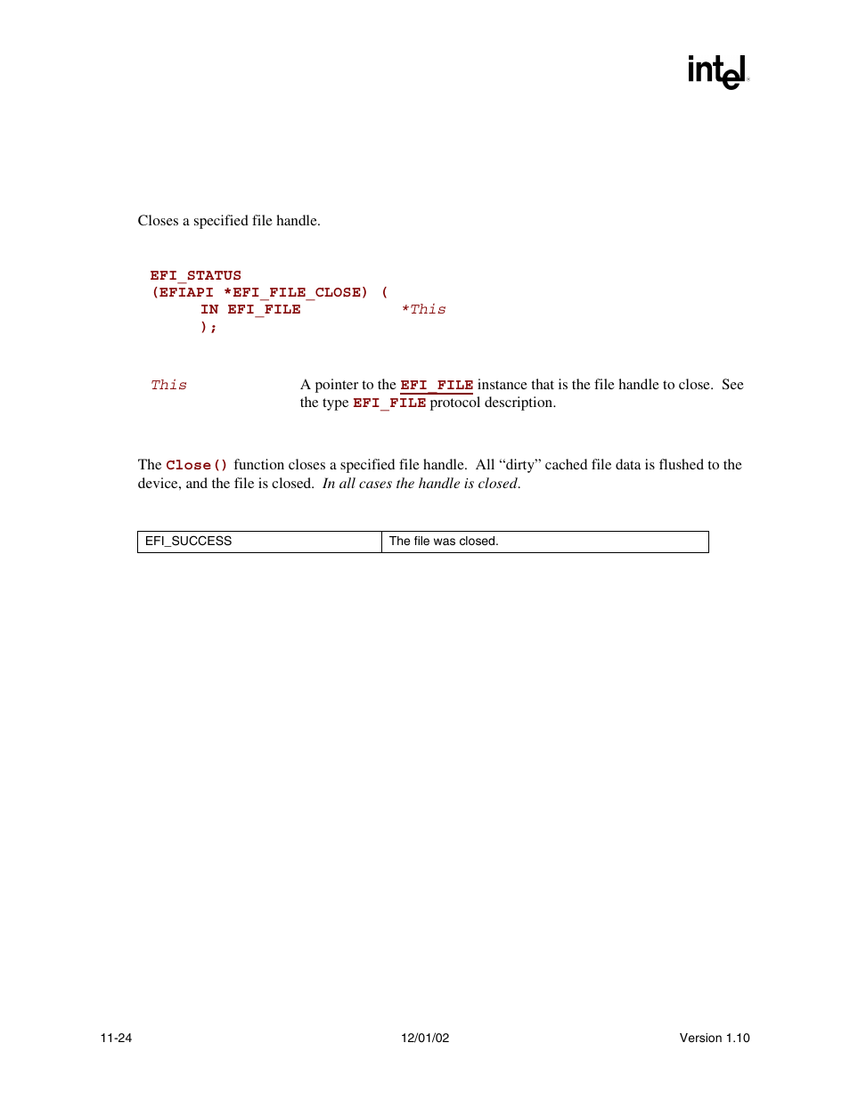Efi_file.close(), Close() | Intel Extensible Firmware Interface User Manual | Page 384 / 1084