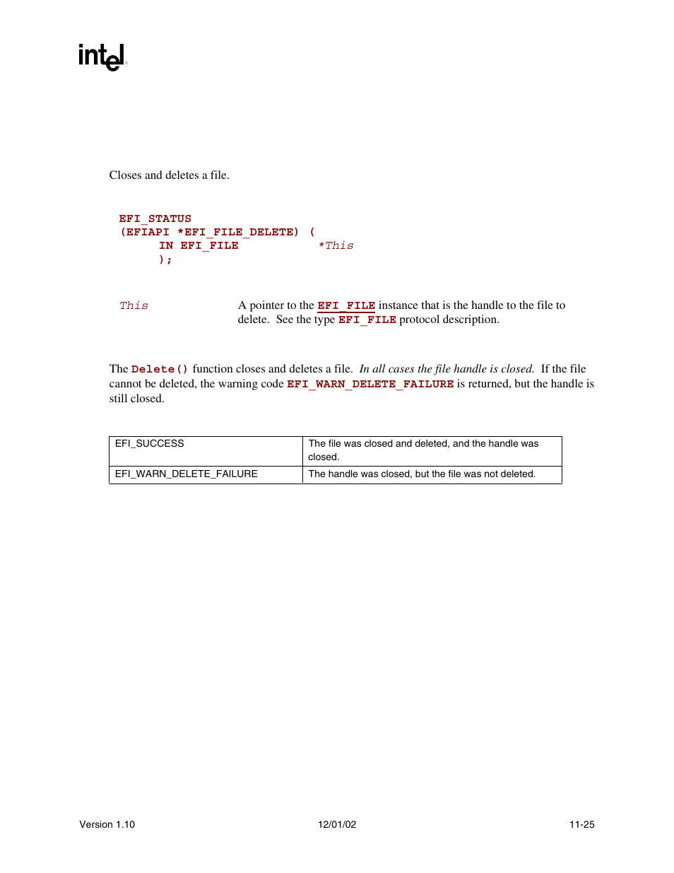 Efi_file.delete(), Delete(), Func | Intel Extensible Firmware Interface User Manual | Page 385 / 1084