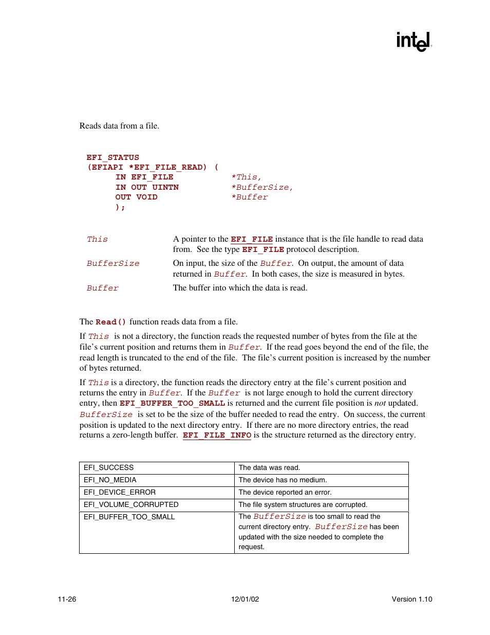 Efi_file.read(), E the, Read() | Efi_file.read() summary, Prototype, Parameters, Description, Status codes returned | Intel Extensible Firmware Interface User Manual | Page 386 / 1084