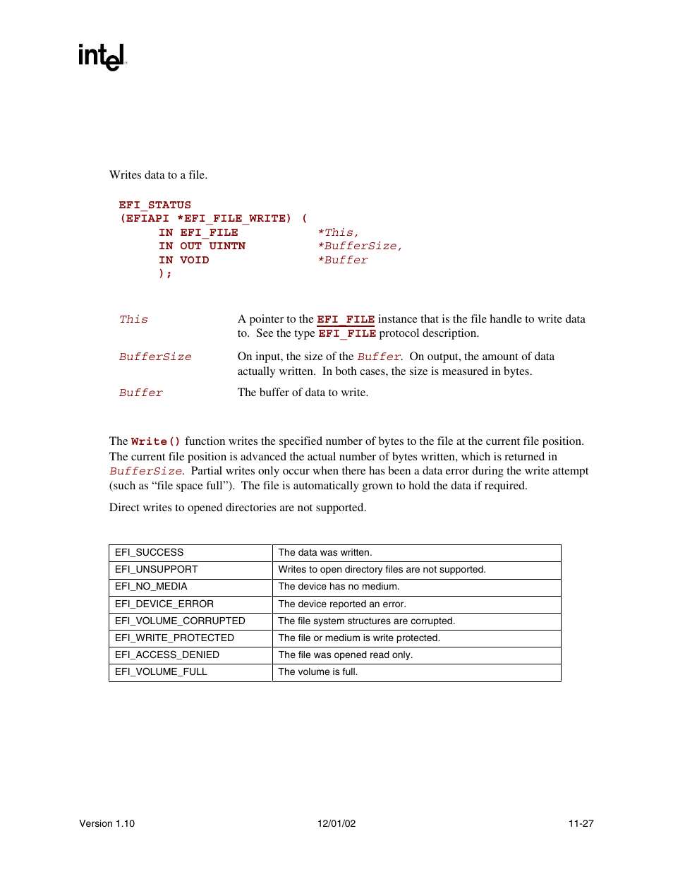 Efi_file.write(), Write(), Efi_file.write() summary | Parameters, Description, Status codes returned | Intel Extensible Firmware Interface User Manual | Page 387 / 1084