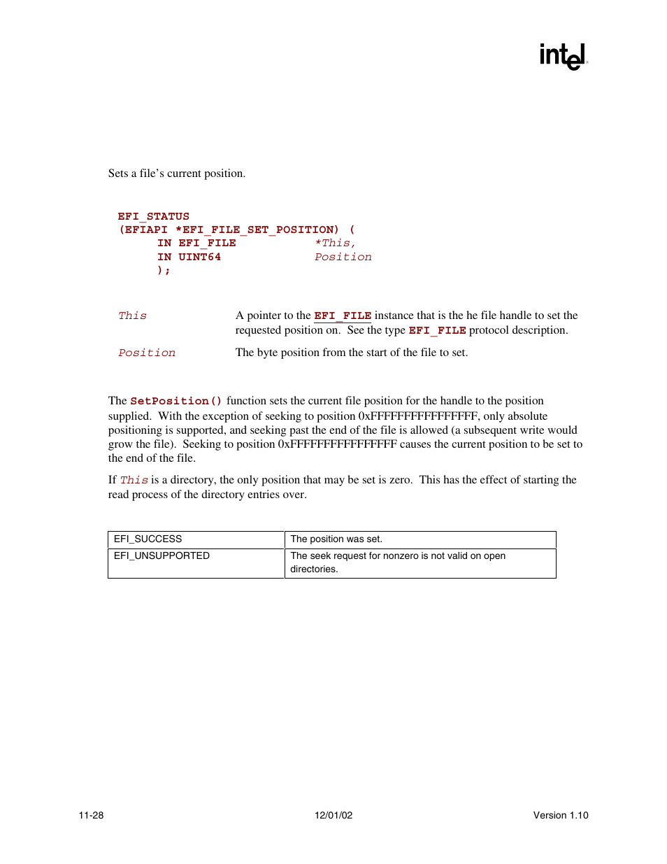 Efi_file.setposition(), Setposition(), Func | Intel Extensible Firmware Interface User Manual | Page 388 / 1084