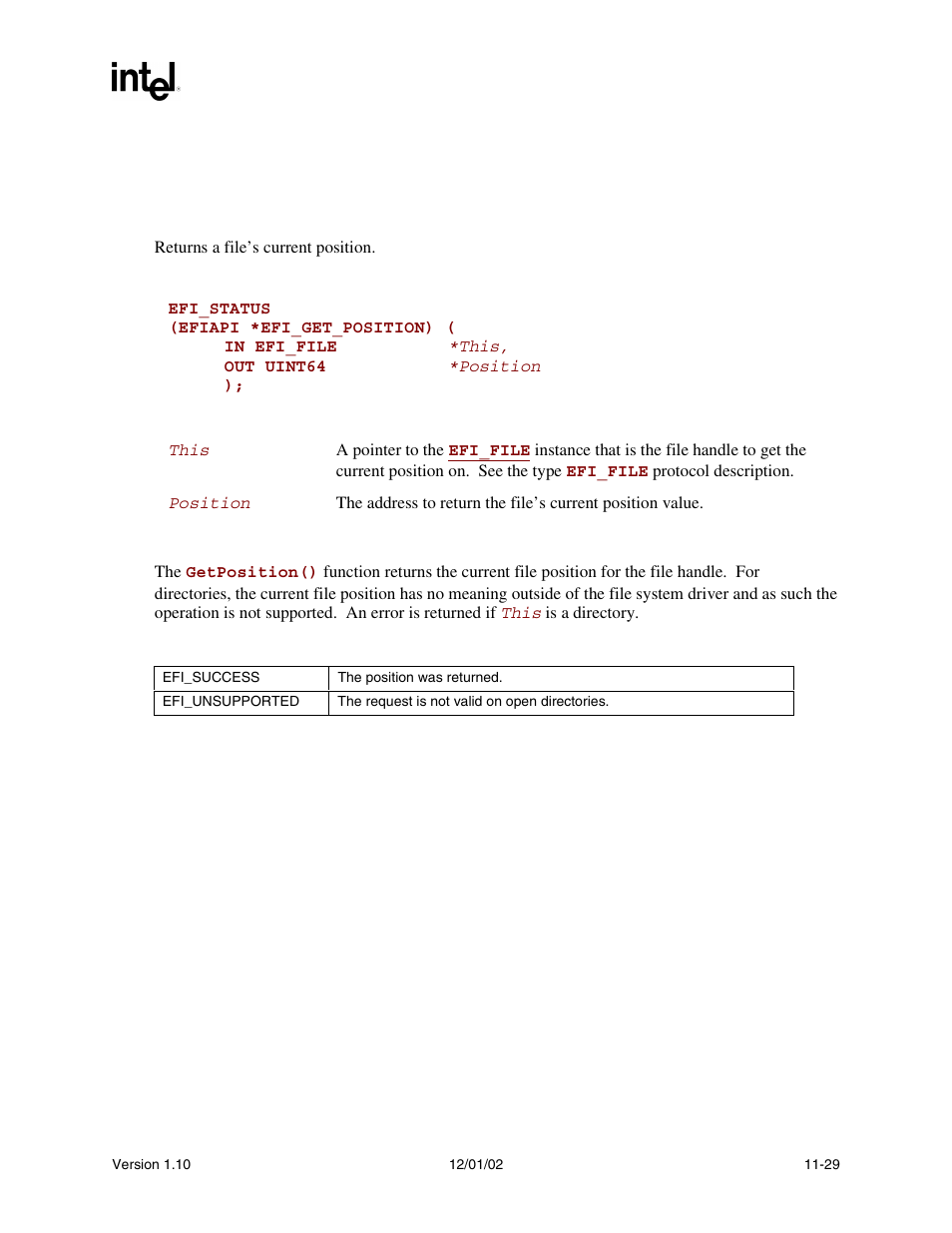 Efi_file.getposition(), Getposition(), Func | Intel Extensible Firmware Interface User Manual | Page 389 / 1084