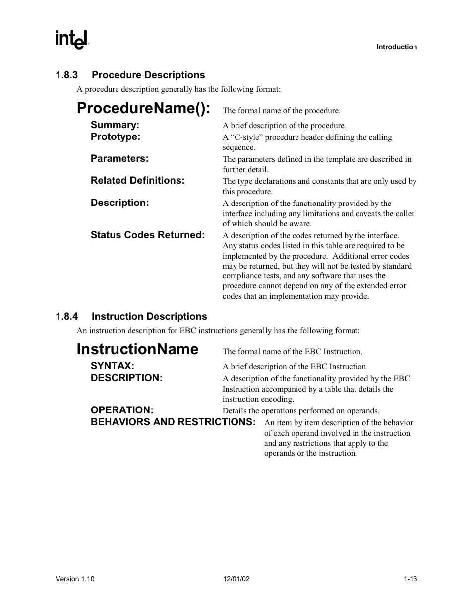 3 procedure descriptions, 4 instruction descriptions, Procedurename() | Instructionname | Intel Extensible Firmware Interface User Manual | Page 39 / 1084