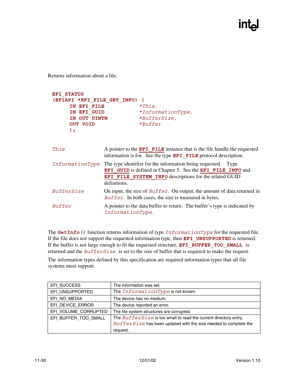 Efi_file.getinfo(), Getinfo(), Efi_file.getinfo() summary | Prototype, Parameters, Description, Status codes returned | Intel Extensible Firmware Interface User Manual | Page 390 / 1084