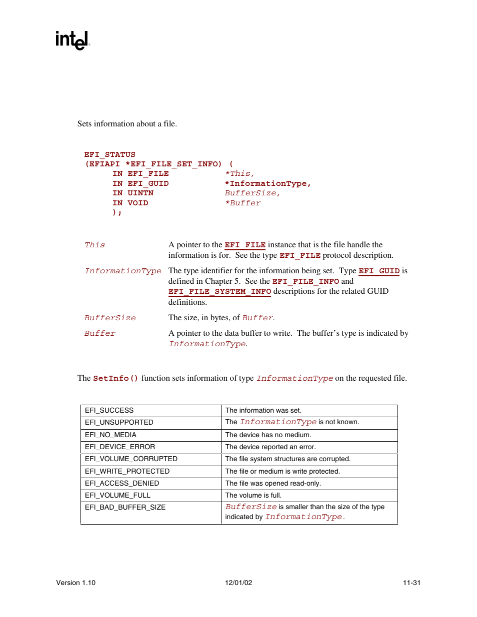 Efi_file.setinfo(), See the, Setinfo() | Func, Efi_file.setinfo() summary, Prototype, Parameters, Description, Status codes returned | Intel Extensible Firmware Interface User Manual | Page 391 / 1084