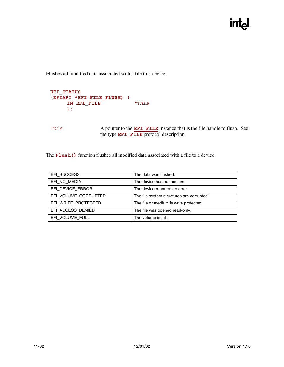 Efi_file.flush(), Flush(), Func | Efi_file.flush() summary, Prototype, Parameters, Description, Status codes returned | Intel Extensible Firmware Interface User Manual | Page 392 / 1084