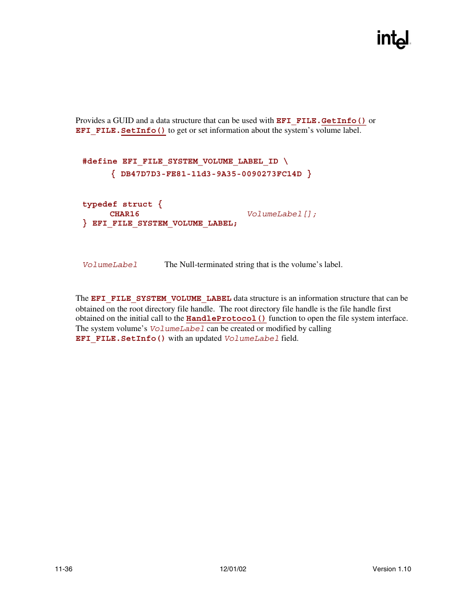 Efi_file_system_volume_label | Intel Extensible Firmware Interface User Manual | Page 396 / 1084