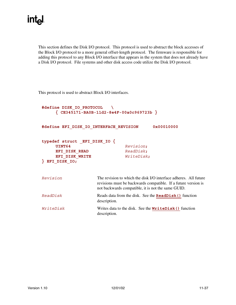 5 disk_io protocol, Disk_io protocol, Disk_io | Disk i/oprotocol, On a | Intel Extensible Firmware Interface User Manual | Page 397 / 1084