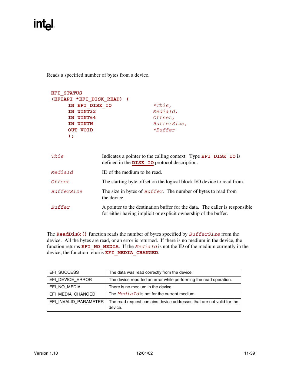 Efi_disk_io.readdisk(), See the, Readdisk() | Func | Intel Extensible Firmware Interface User Manual | Page 399 / 1084