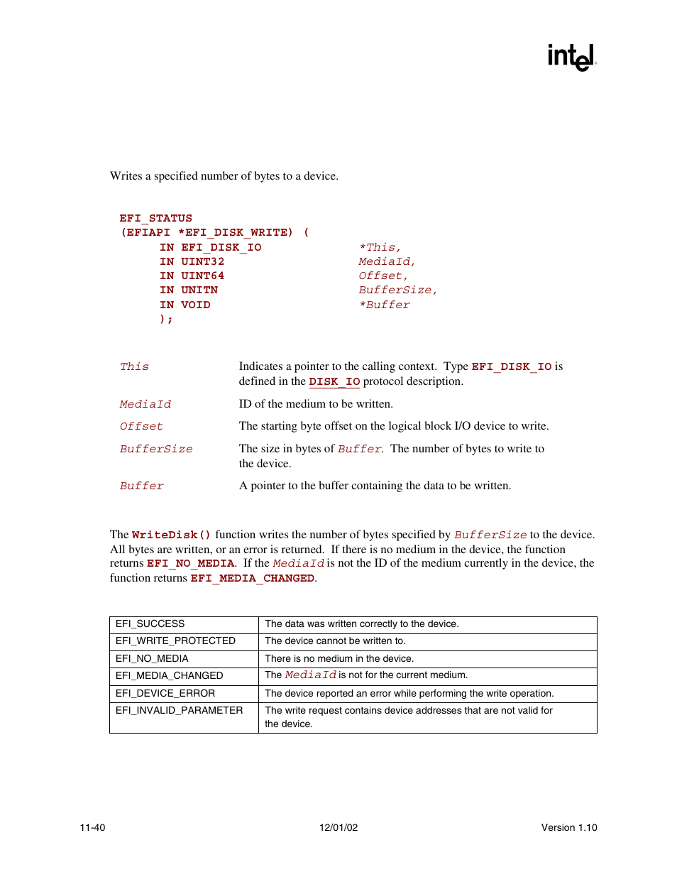 Efi_disk_io.writedisk(), E the, Writedisk() | Func, Efi_disk_io.writedisk() summary, Prototype, Parameters, Description, Status codes returned | Intel Extensible Firmware Interface User Manual | Page 400 / 1084