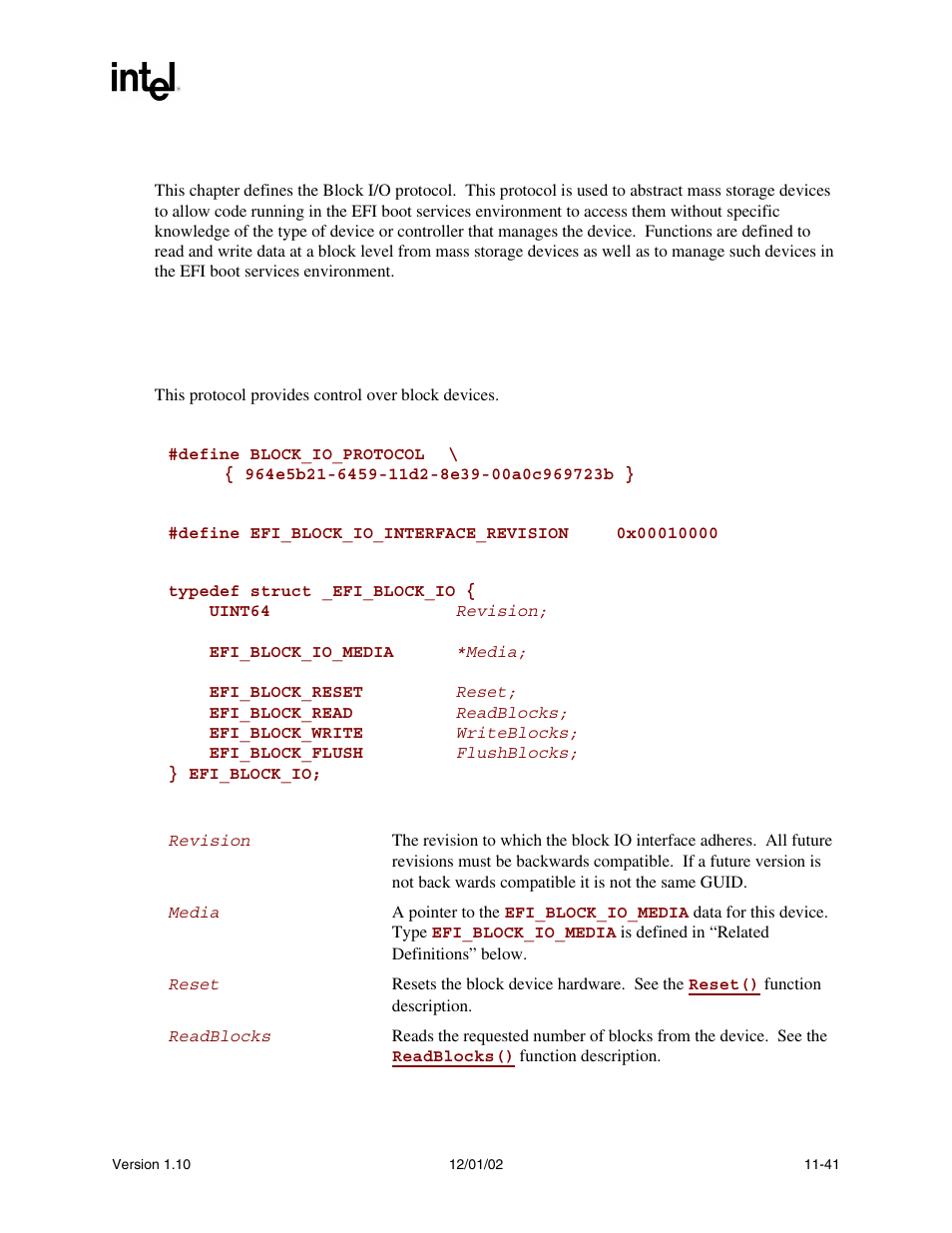 6 block_io protocol, Block_io protocol, Block_io | Block i/oprotocol, Proto, Efi_block_io | Intel Extensible Firmware Interface User Manual | Page 401 / 1084