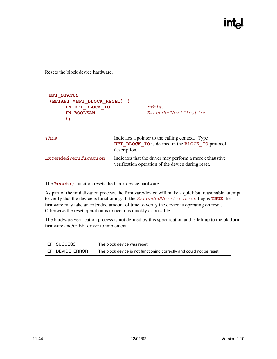 Efi_block_io.reset(), Reset() | Intel Extensible Firmware Interface User Manual | Page 404 / 1084