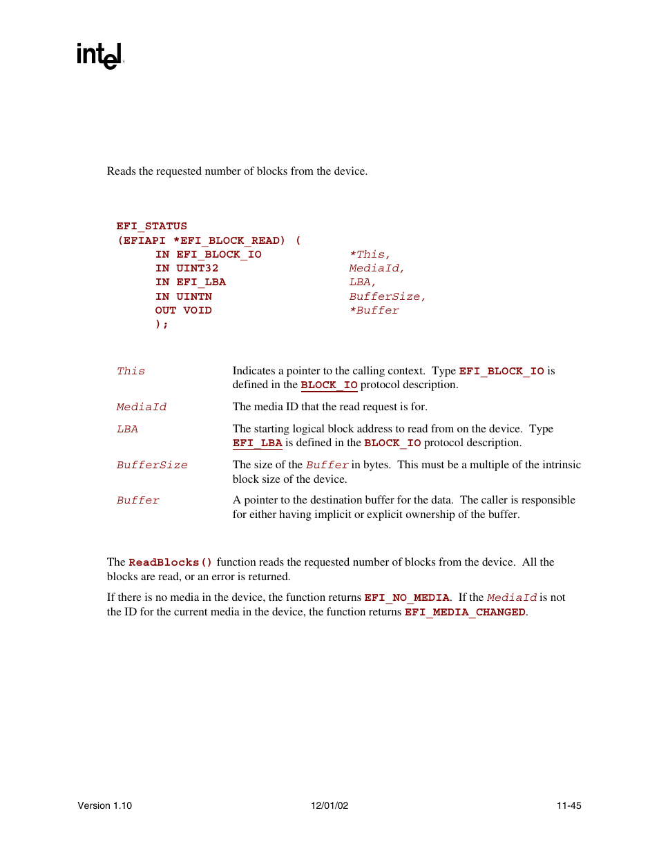 Efi_block_io.readblocks(), Readblocks(), Func | Cent | Intel Extensible Firmware Interface User Manual | Page 405 / 1084
