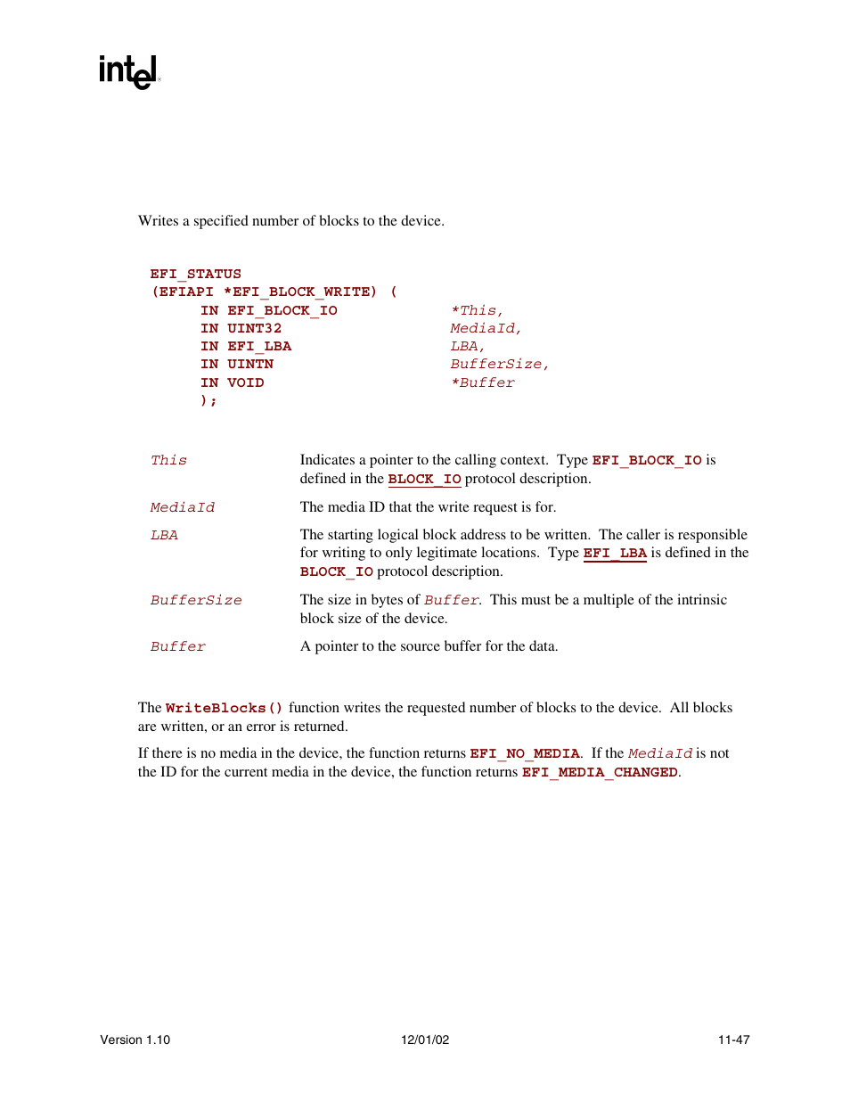 Efi_block_io.writeblocks(), Writeblocks(), Func | Intel Extensible Firmware Interface User Manual | Page 407 / 1084