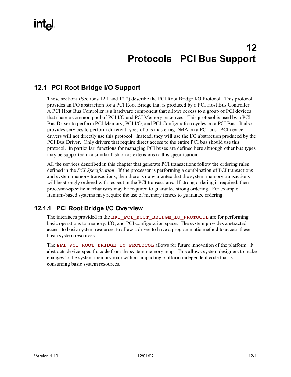 12 protocols - pci bus support, 1 pci root bridge i/o support, 1 pci root bridge i/o overview | Intel Extensible Firmware Interface User Manual | Page 419 / 1084