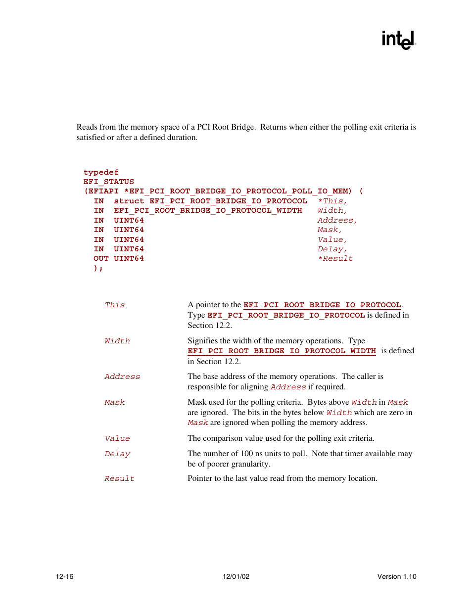 Efi_pci_root_bridge_io_protocol.pollmem(), Pollmem() | Intel Extensible Firmware Interface User Manual | Page 434 / 1084