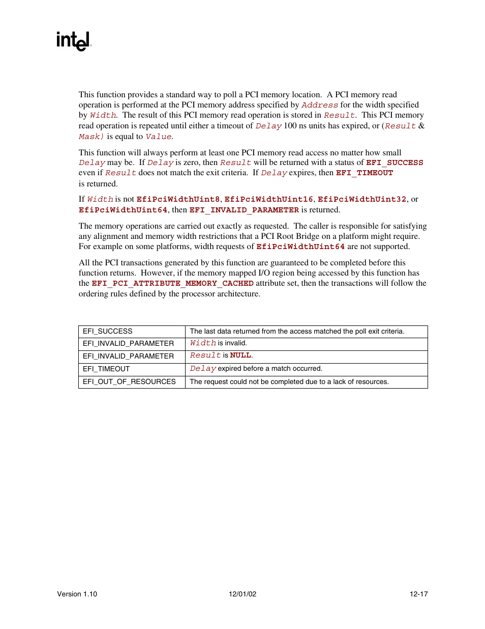 Description, Status codes returned | Intel Extensible Firmware Interface User Manual | Page 435 / 1084