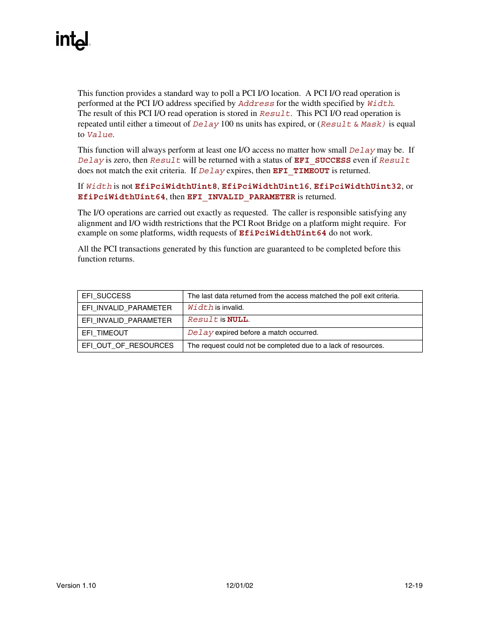 Description, Status codes returned | Intel Extensible Firmware Interface User Manual | Page 437 / 1084