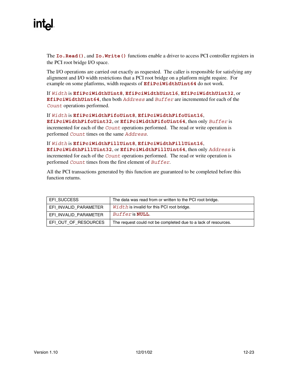 Description, Status codes returned | Intel Extensible Firmware Interface User Manual | Page 441 / 1084