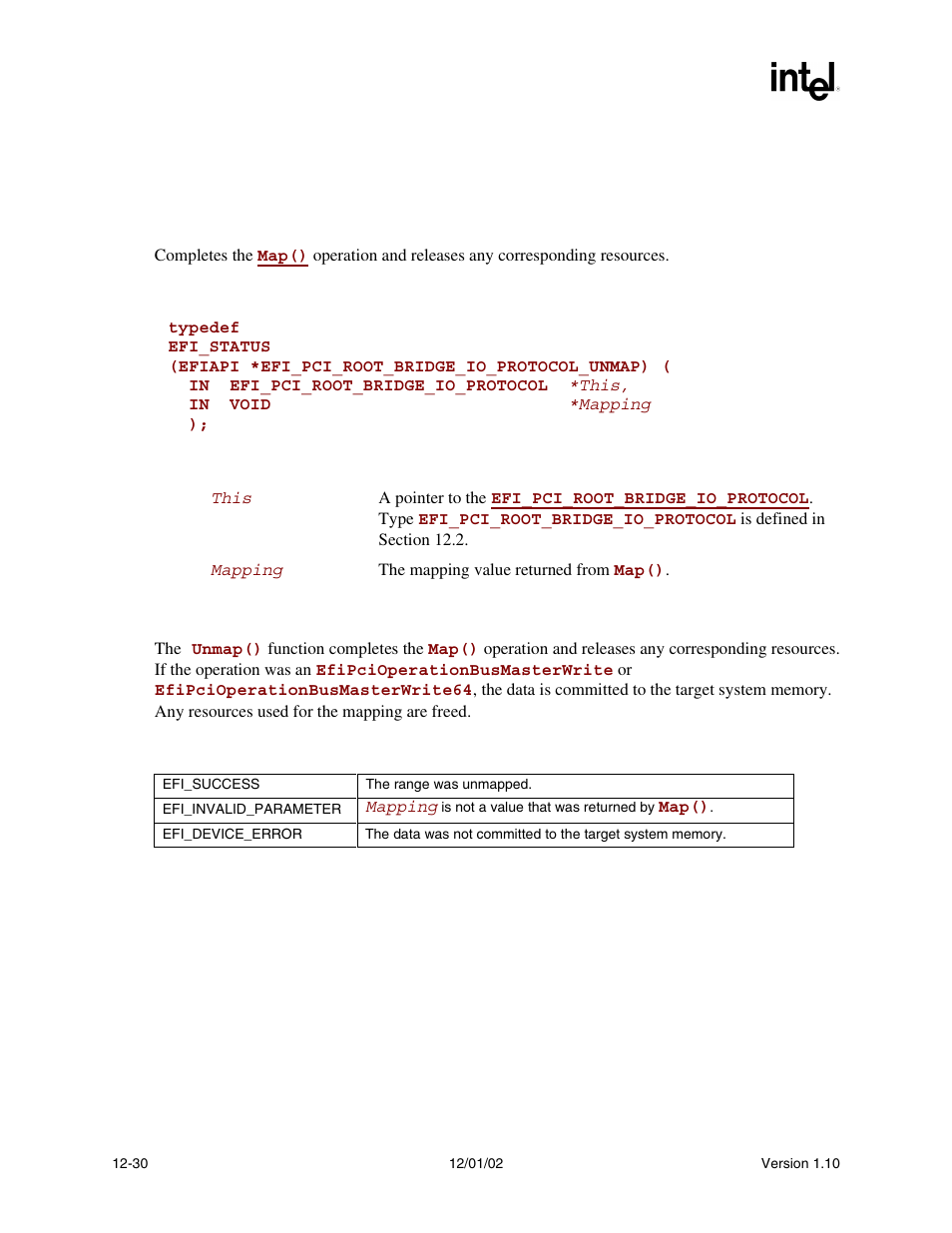 Efi_pci_root_bridge_io_protocol.unmap(), Unmap() | Intel Extensible Firmware Interface User Manual | Page 448 / 1084
