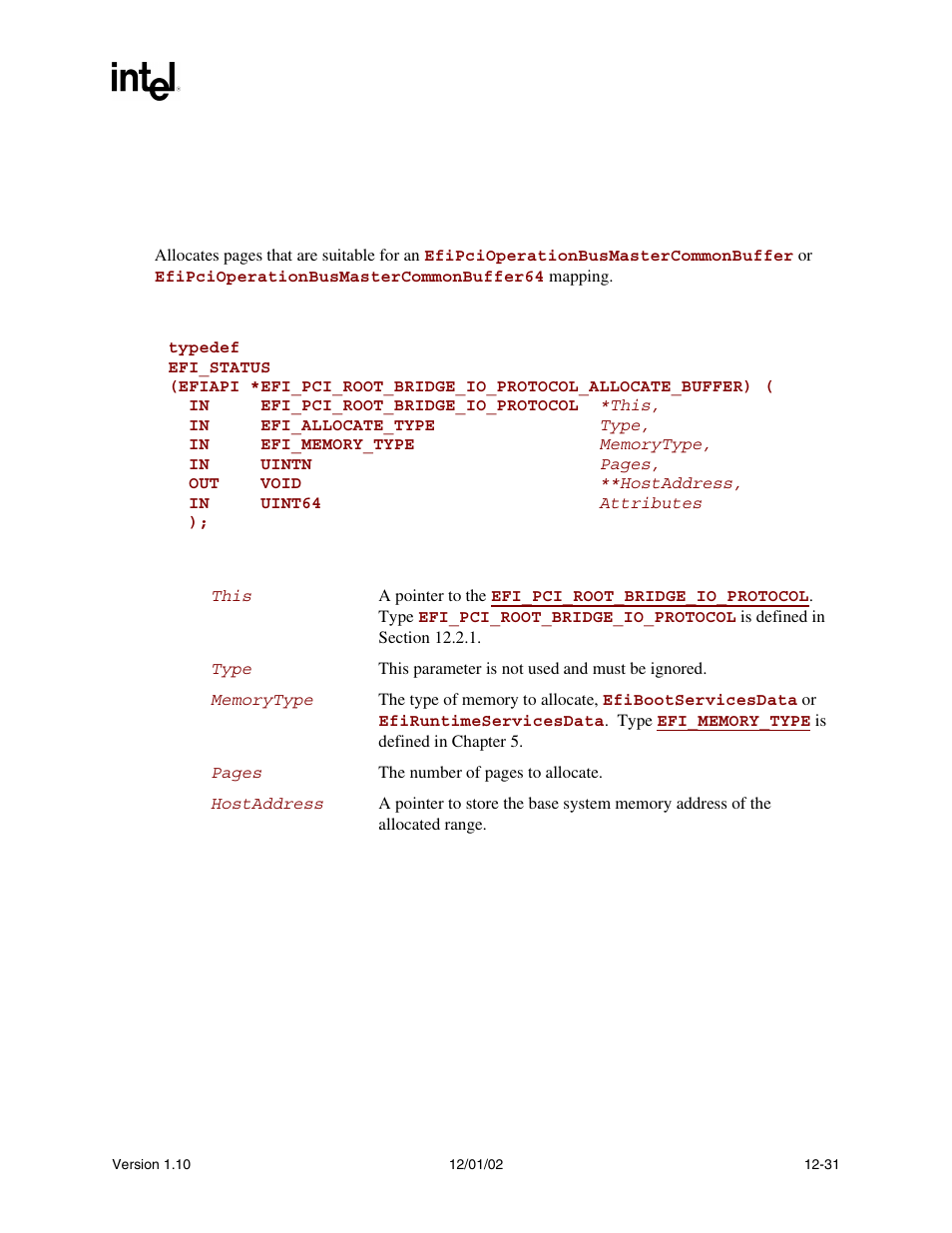 Efi_pci_root_bridge_io_protocol.allocatebuffer(), Allocatebuffer(), Func | To a, Inte | Intel Extensible Firmware Interface User Manual | Page 449 / 1084