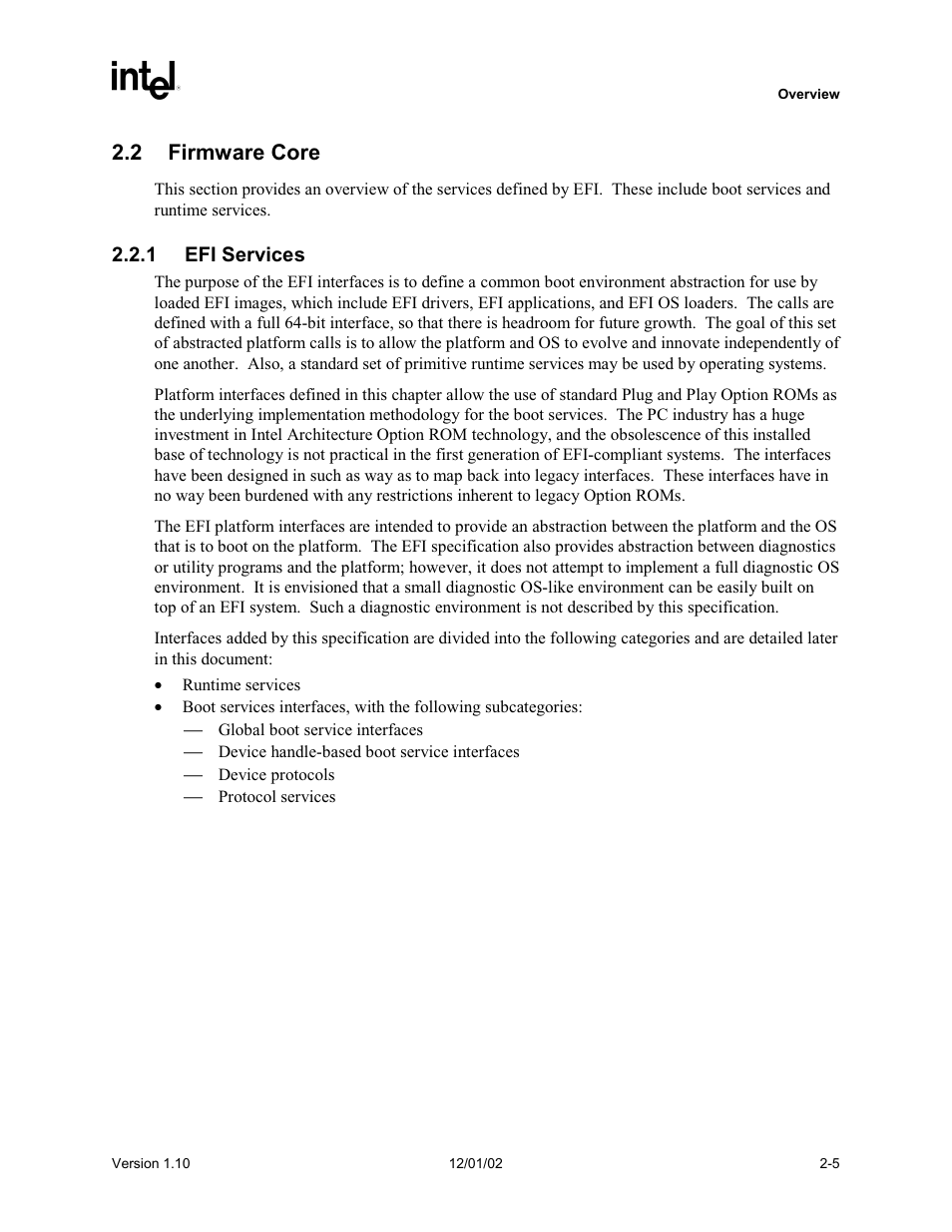 2 firmware core, 1 efi services | Intel Extensible Firmware Interface User Manual | Page 45 / 1084