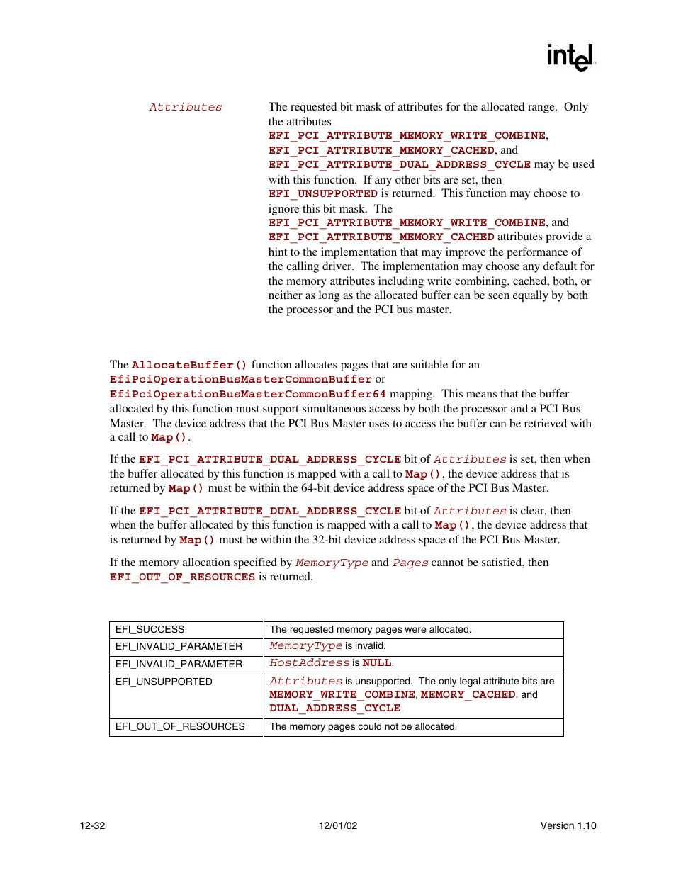 Description, Status codes returned | Intel Extensible Firmware Interface User Manual | Page 450 / 1084