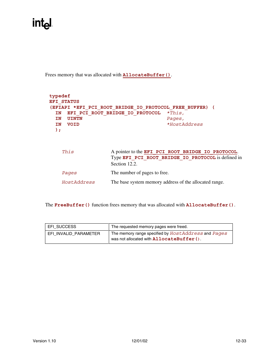 Efi_pci_root_bridge_io_protocol.freebuffer(), Freebuffer(), Func | Prototype, Parameters, Description, Status codes returned | Intel Extensible Firmware Interface User Manual | Page 451 / 1084