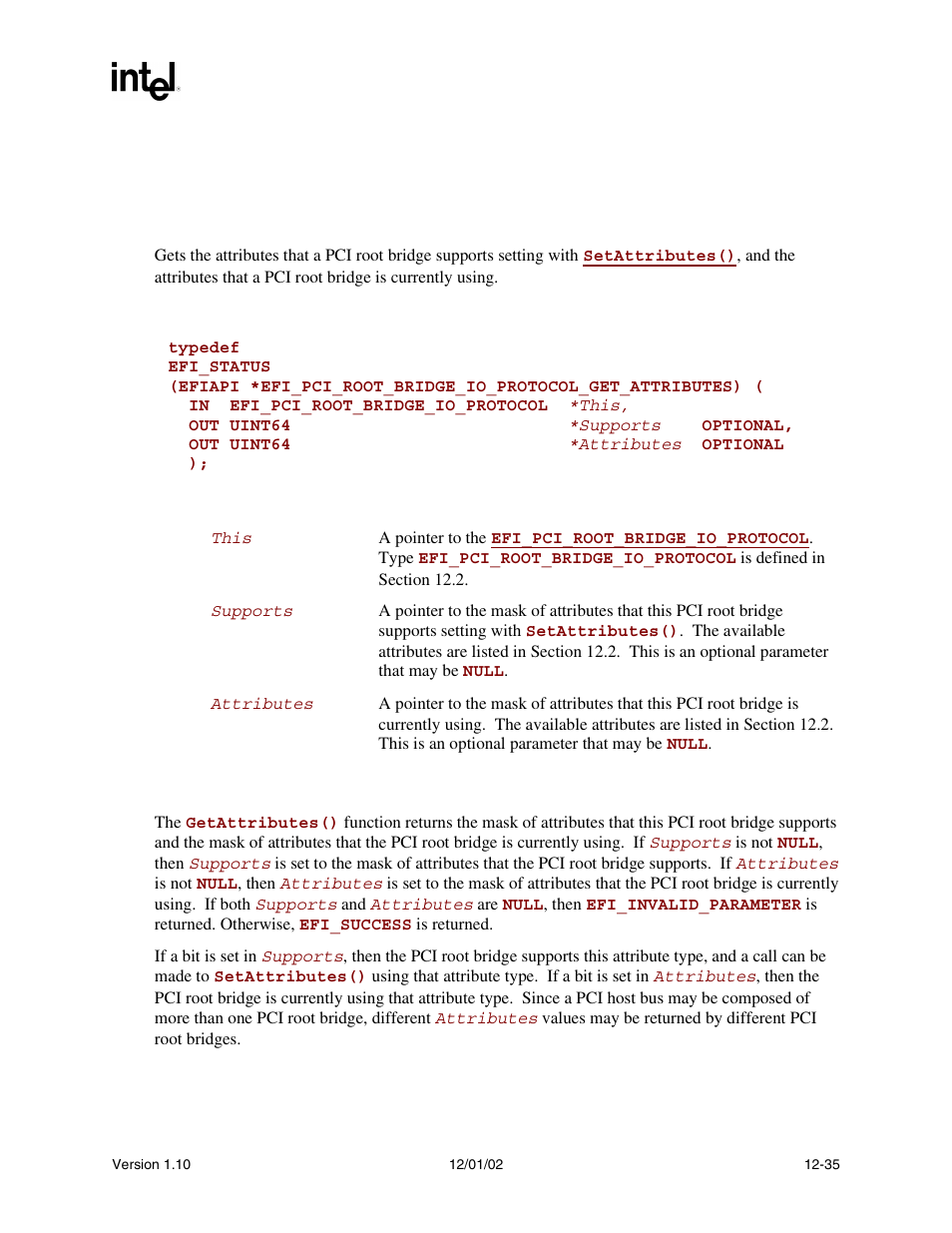 Efi_pci_root_bridge_io_protocol.getattributes(), Getattributes(), Func | Intel Extensible Firmware Interface User Manual | Page 453 / 1084