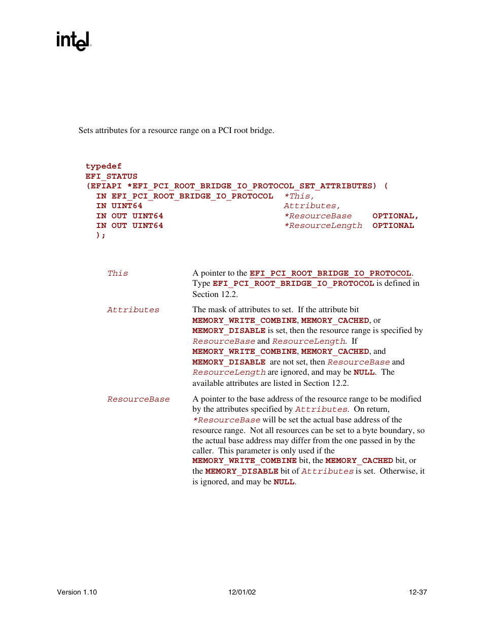 Efi_pci_root_bridge_io_protocol.setattributes(), Setattributes(), And t | Intel Extensible Firmware Interface User Manual | Page 455 / 1084