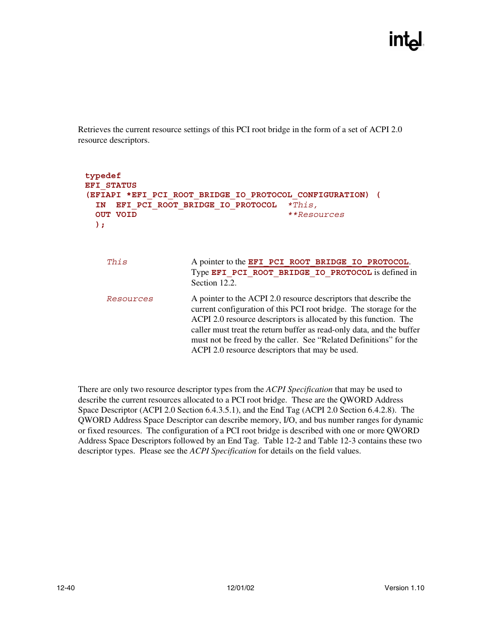 Efi_pci_root_bridge_io_protocol.configuration(), Configuration(), Func | Intel Extensible Firmware Interface User Manual | Page 458 / 1084