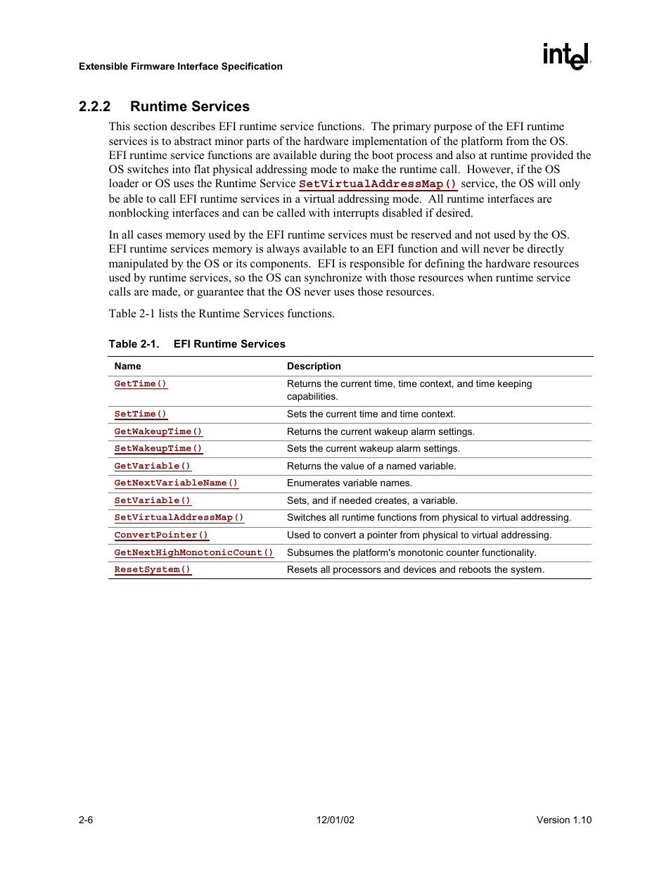 2 runtime services | Intel Extensible Firmware Interface User Manual | Page 46 / 1084