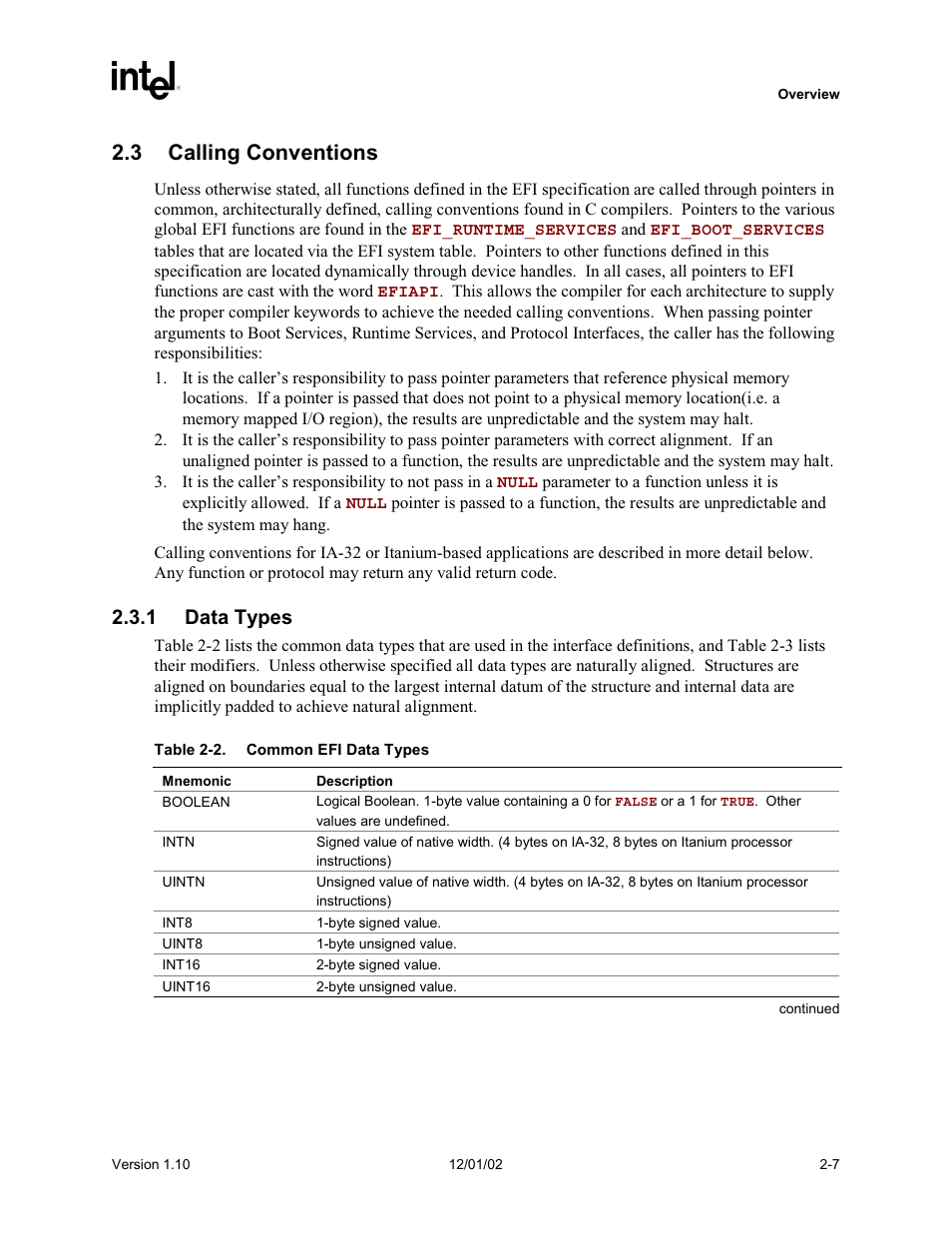 3 calling conventions, 1 data types | Intel Extensible Firmware Interface User Manual | Page 47 / 1084