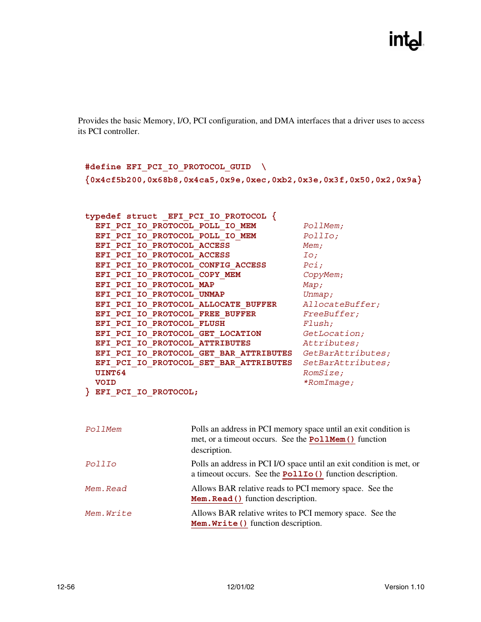 Efi_pci_io_protocol, Pci_io, Pci i/o | Protocol | Intel Extensible Firmware Interface User Manual | Page 474 / 1084