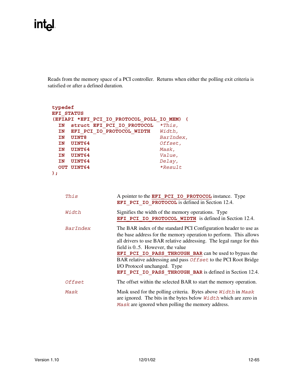 Efi_pci_io_protocol.pollmem(), Pollmem() | Intel Extensible Firmware Interface User Manual | Page 483 / 1084