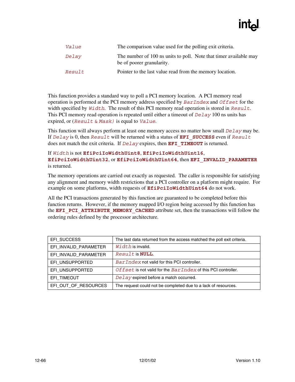 Description, Status codes returned | Intel Extensible Firmware Interface User Manual | Page 484 / 1084