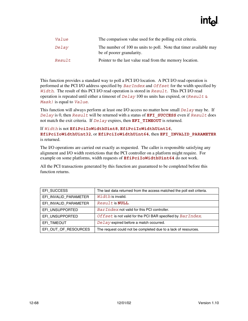Description, Status codes returned | Intel Extensible Firmware Interface User Manual | Page 486 / 1084
