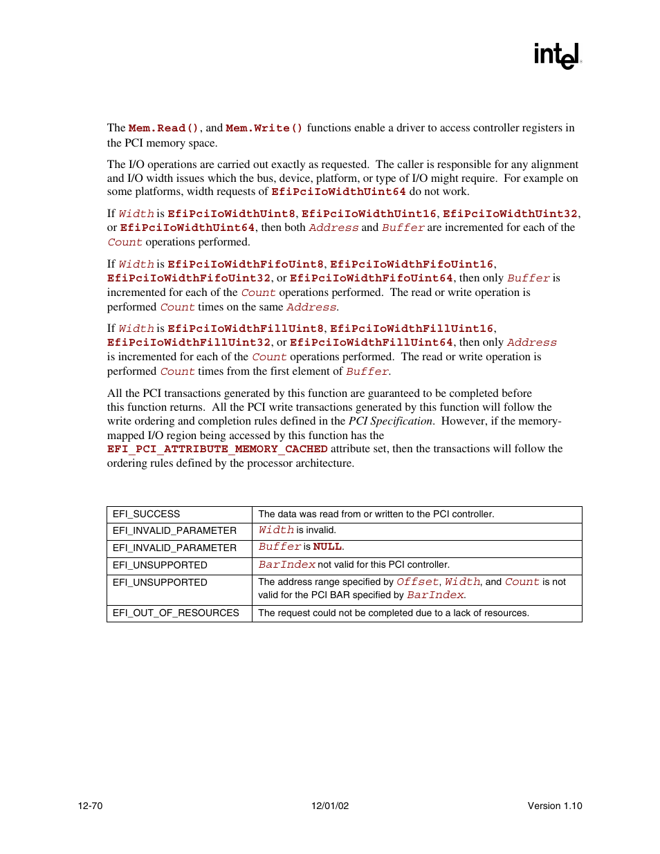 Description, Status codes returned | Intel Extensible Firmware Interface User Manual | Page 488 / 1084